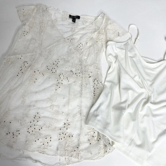 NWOT Jessica Simpson XS Cream Lace Beaded V Neck Sheer Blouse Sheer w/Camisole - Picture 10 of 11
